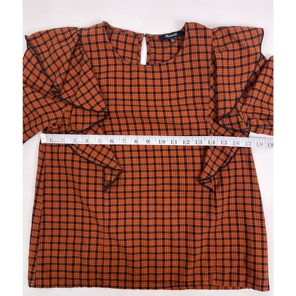 Madewell Burnt Orange & Black Plaid Ruffle Front Long Sleeve Top - Picture 6 of 8